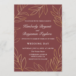 Convites Folhagem Dourada Elegante em Blush. Casamento de l