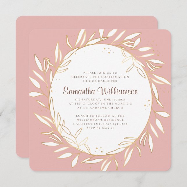 Convites Folhagem Dourada moderna de confirmação a rosa (Frente/Verso)