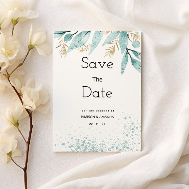 Convites Folhagem dourada verde da horta aquosa Salvar a Da (Watercolor mint green gold foliage Save The Date)