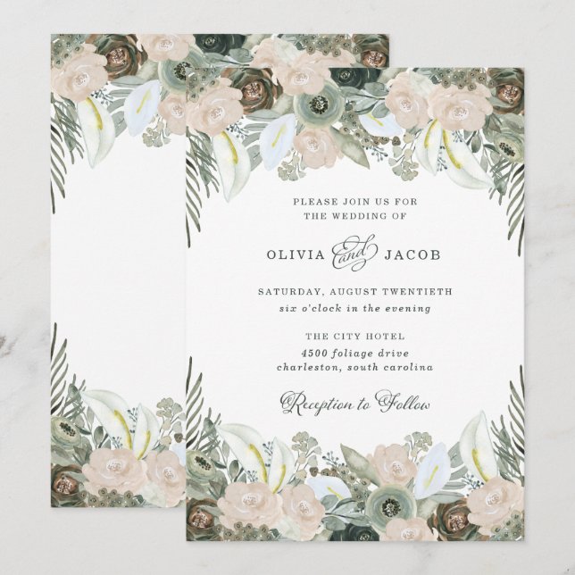 Convites Folhagem e Floral | Sage Green Wedding (Frente/Verso)