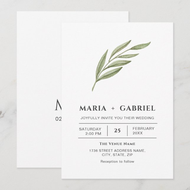 Convites Folhagem elegante. Casamento moderno simples (Frente/Verso)
