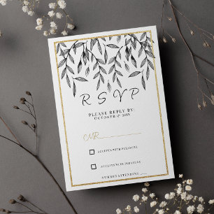 Convites Folhagem floral de ouro branco preto simples RSVP