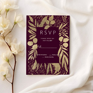 Convites Folhagem floral de ouro burgundy de luxo RSVP