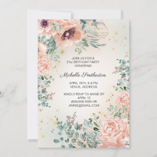 Convites Folhagem Floral Rosa Brilho Dourado Aniversário de