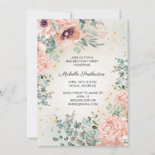 Convites Folhagem Floral Rosa Brilho Dourado Aniversário de