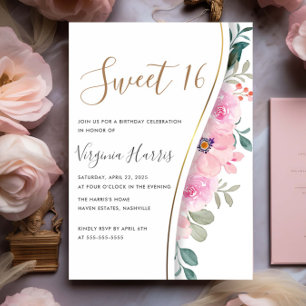 Convites Folhagem Floral Rosa-Chic Doce Dezesseis e Dezesse