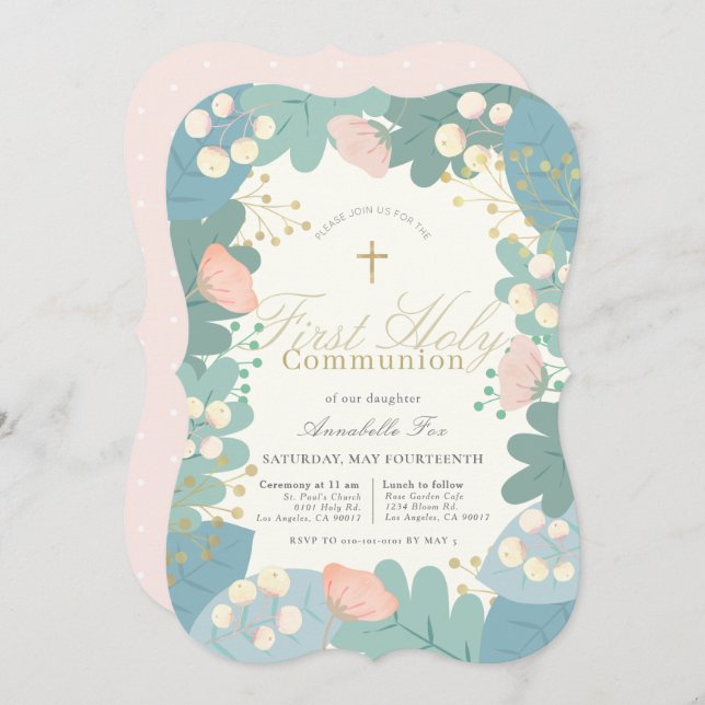 Convites Folhagem Floral Rosa Primeira Comunhão Sagrada (Frente/Verso)