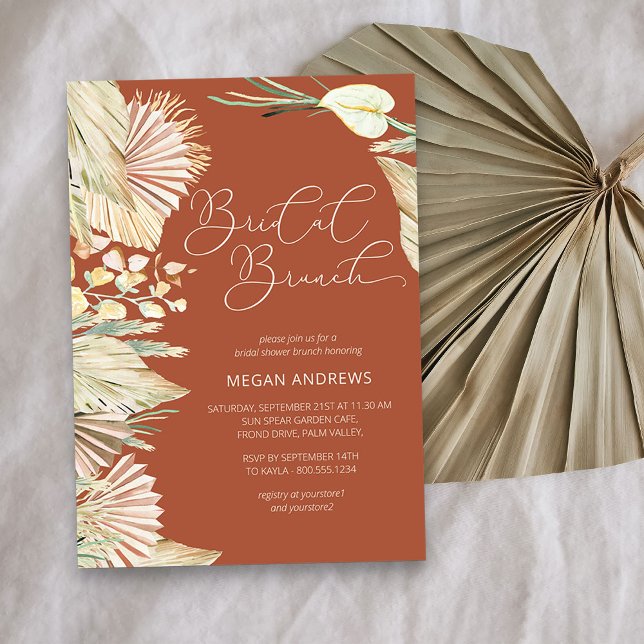 Convites Folhagem Seca de Boho Palm Terracotta Bridal Brunc (Bridal Brunch invitation from my Boho Palm Bridal Shower Collection)