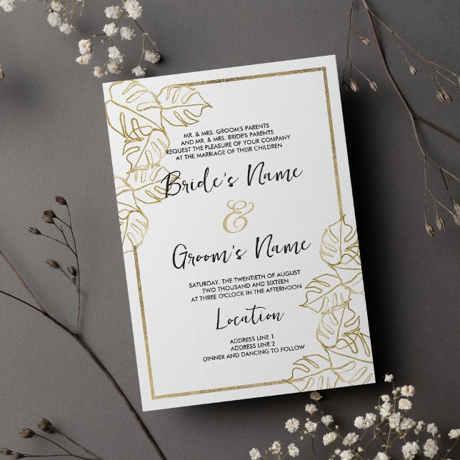 Convites Folhagem tropical de ouro branco sofisticada Casam (Sophisticated white gold tropical foliage Wedding)