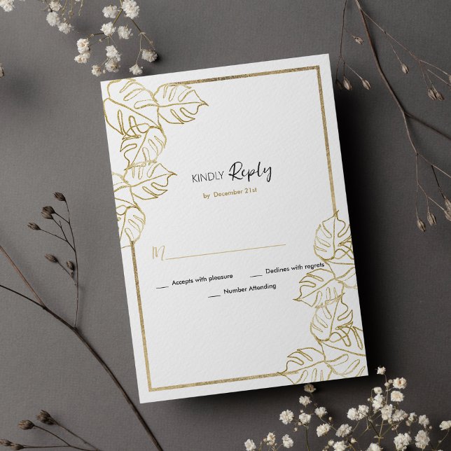Convites Folhagem tropical de ouro branco sofisticada RSVP (Sophisticated white gold tropical foliage RSVP)
