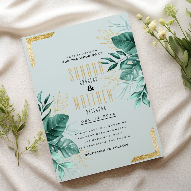 Convites Folhagem tropical de ouro verde-hortelã (Tropical mint green gold glitter foliage Wedding)