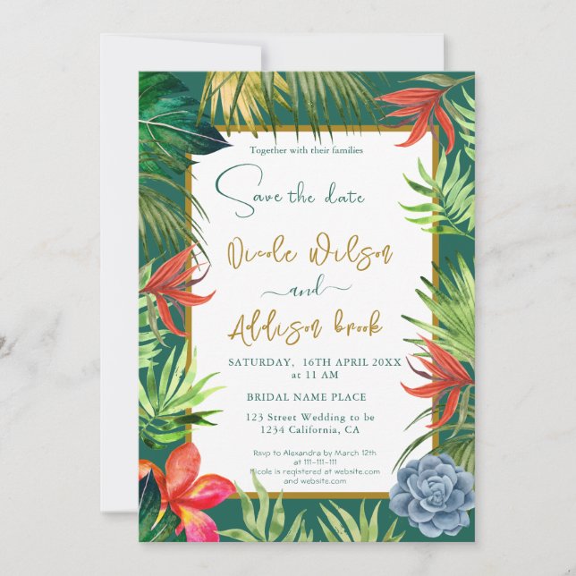 Convites folhagem tropical palmeira ouro script (Frente)