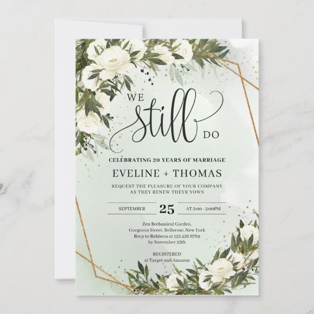 Convites Folhagem verde de oliveira deixa rosas brancas que (Frente)