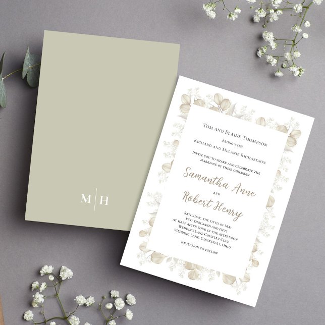 Convites Folhagem Verde do Jardim Botânico Elegante (Simple and elegant sage green and cream foliage wedding invitation.)