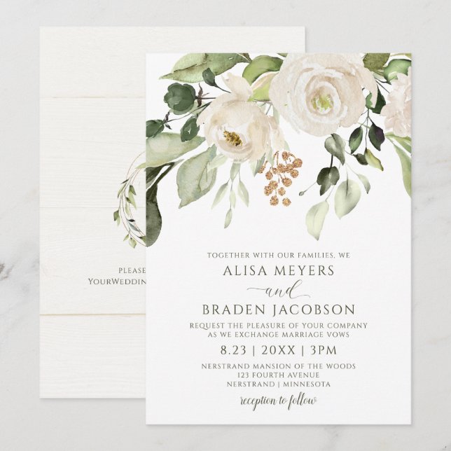 Convites Folhagem Verde Elegante para Casamento Floral Bran (Frente/Verso)