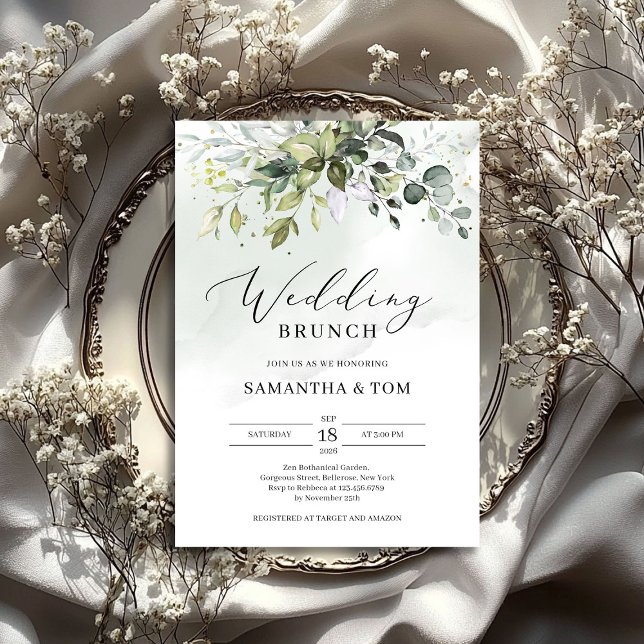 Convites Folhagem verde eucalipto boho casamento brunch (Greenery foliage leaves eucalyptus boho wedding invitation)