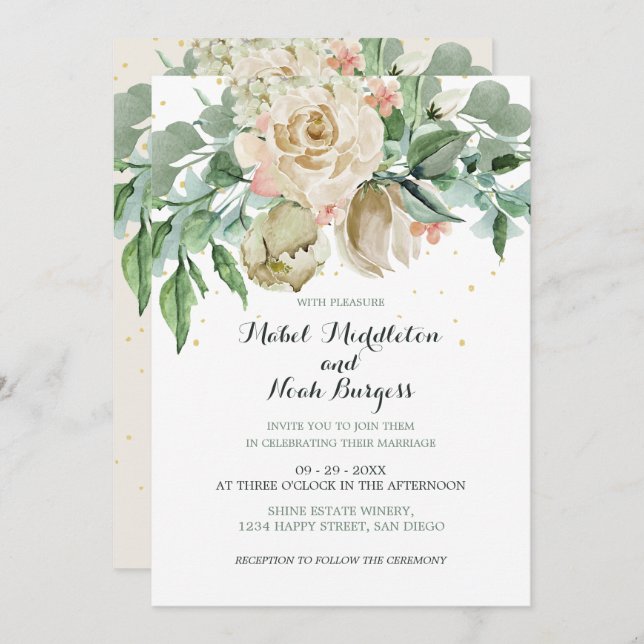 Convites Folhagem Verde Floral Rosa (Frente/Verso)