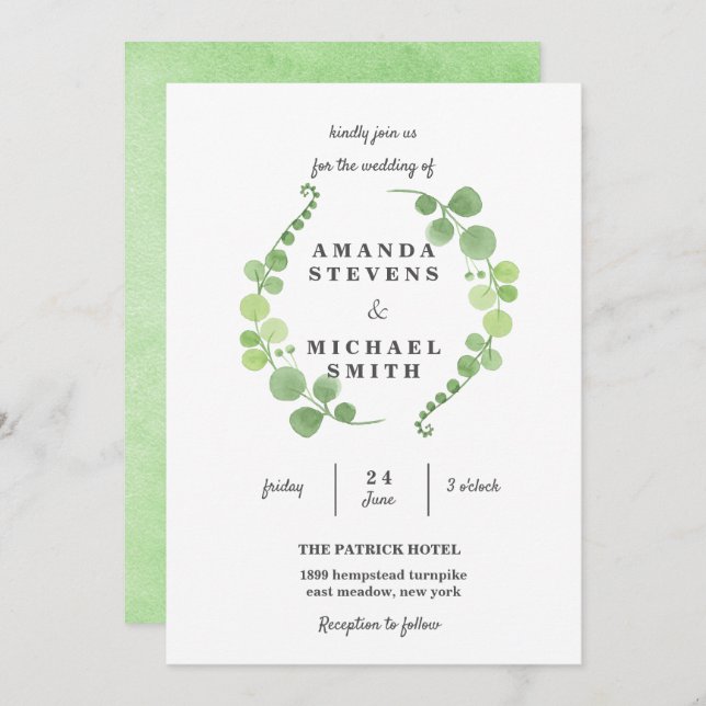 Convites Folhagem verde Wreath Watercolor Casamento verde (Frente/Verso)