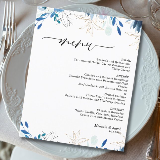 Convites Folhas Azuis Cardápio de Casamento Elegante (Criador carregado)