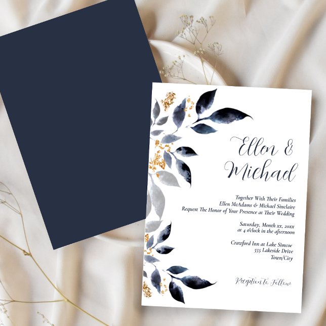 Convites Folhas Azuis com Casamento Dourado (Shades of Blue Leaves with Gold, Wedding Invitation)