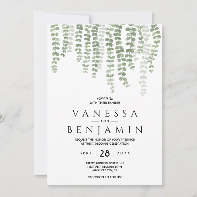 Convites Folhas Boho Aquarela Elegante Verde Dourado (Frente)
