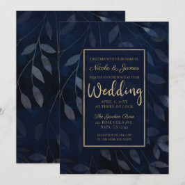 Convites Folhas Botânicas Azul Escuro Casamento Moderno Chi