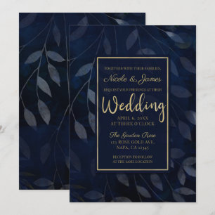 Convites Folhas Botânicas Azul Escuro Casamento Moderno Chi
