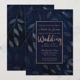 Convites Folhas Botânicas Azul Escuro Casamento Rosa Modern