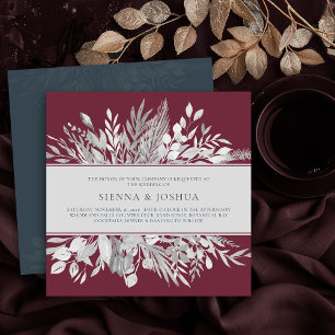 Convites Folhas Botânicas Casamento Quadrado Burgundy Cinza