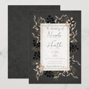 Convites Folhas Botânicas Chic Cinza Bege Dourado Casamento