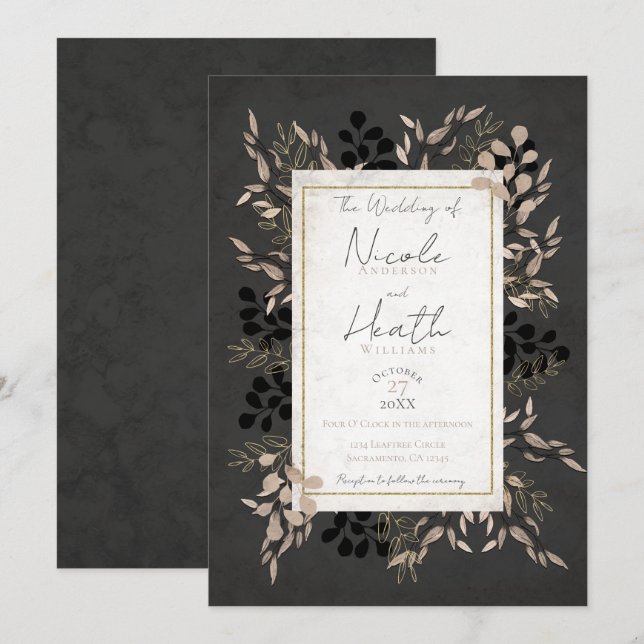 Convites Folhas Botânicas Chic Cinza Bege Dourado Casamento (Frente/Verso)