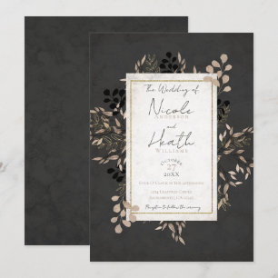Convites Folhas Botânicas Chic Cinza Bege Dourado Casamento