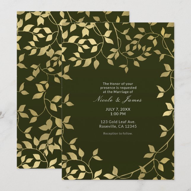 Convites Folhas Botânicas em Faux Foil Verde e Dourado para (Frente/Verso)