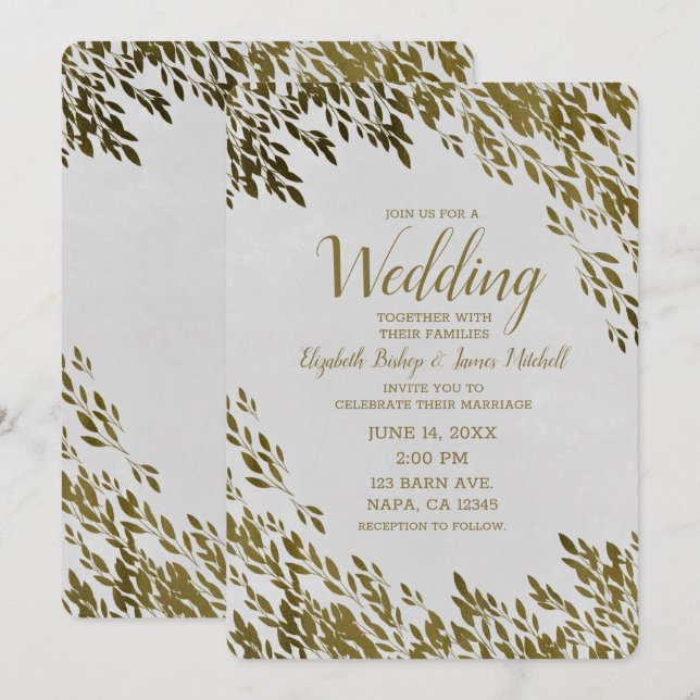 Convites Folhas Brancas e Douradas Chic Casamento Moderno R (Frente/Verso)