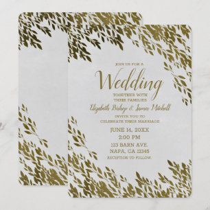 Convites Folhas Brancas e Douradas Elegantes Casamento Rúst