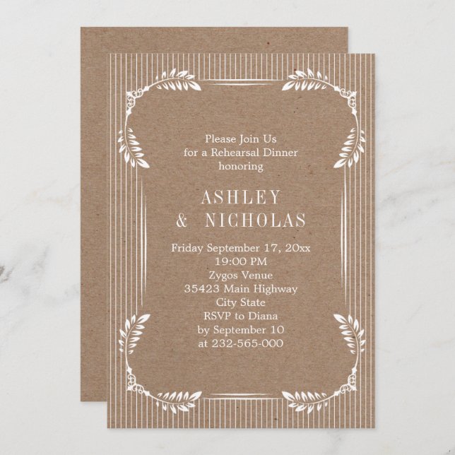 Convites Folhas brancas papel kraft janto de ensaio de casa (Frente/Verso)