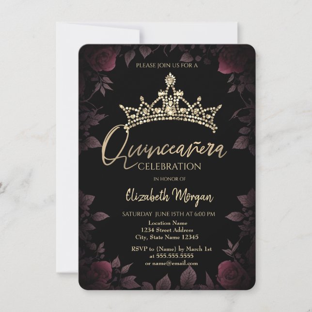 Convites Folhas Chic de Rosas escuras Quinceañera  (Frente)