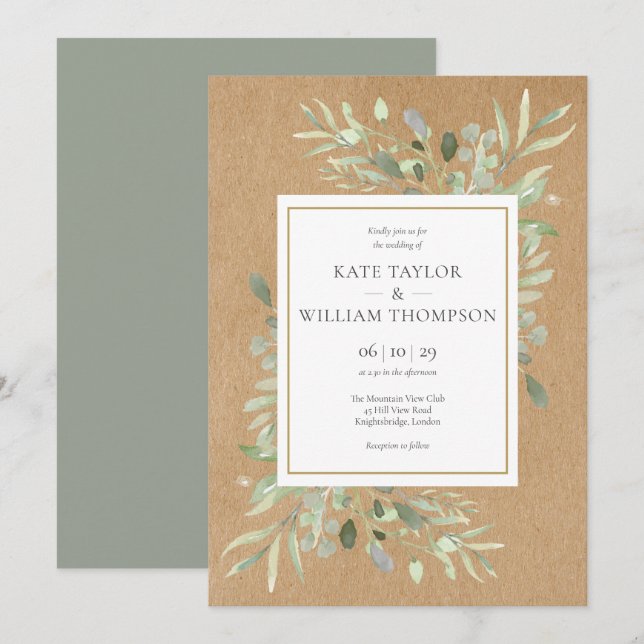 Convites Folhas da Primavera Verde Rustico Kraft Casamento (Frente/Verso)