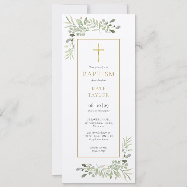 Convites Folhas de água-rústicas verde baptismo (Frente)