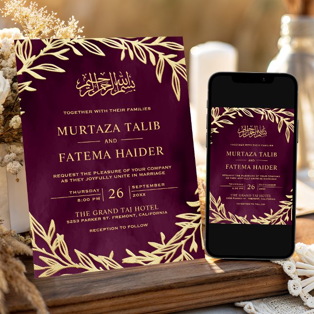 Convites Folhas de Ameixa e Douradas Casamento Islâmico Muç (Criador carregado)