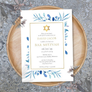 Convites Folhas de Aquarela Azul Bar Mitzvah Bat Mitzvah