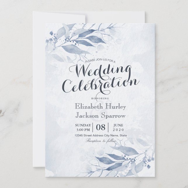 Convites Folhas de Aquarela Azul Flores Botânico Casamento (Frente)
