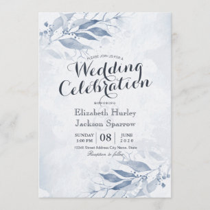 Convites Folhas de Aquarela Azul Flores Botânico Casamento