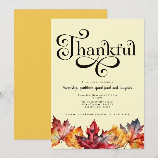Convites Folhas de aquarela do roteiro grato Mostarda amare (Frente/Verso)