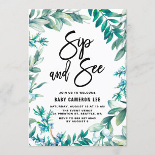 Convites Folhas de Aquarela e Berries Wreath Sip e Consulte