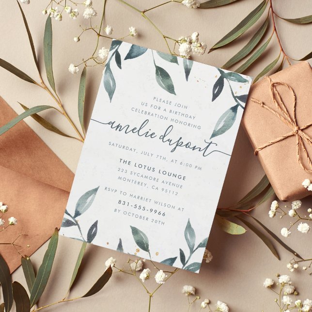 Convites Folhas de Aquarela e Script | Festa de aniversário (Criador carregado)
