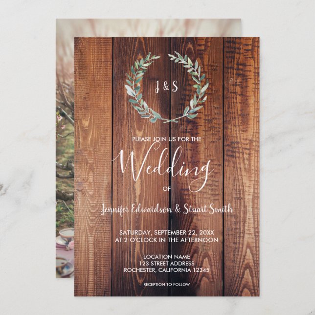 Convites Folhas de aquarela em foto de monograma de madeira (Frente/Verso)