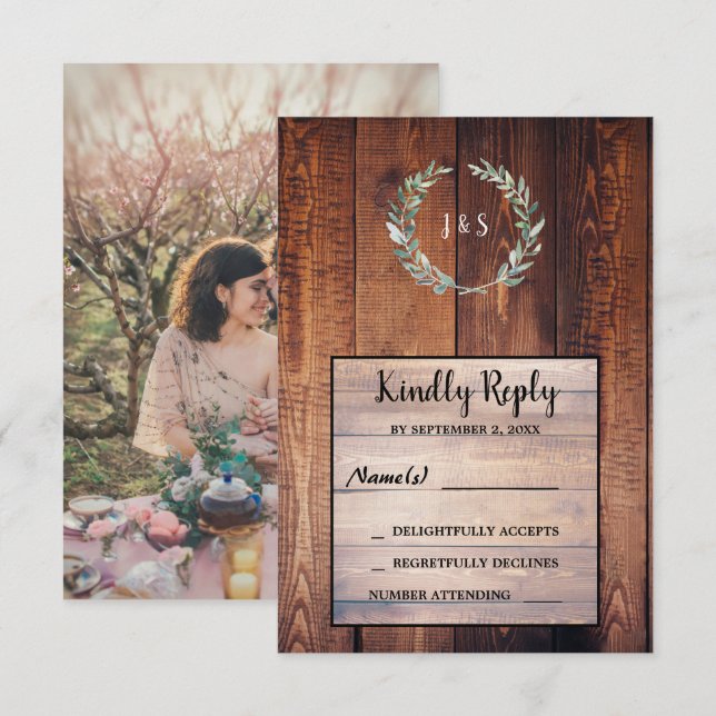 Convites Folhas de aquarela em madeira de celeiro Casamento (Frente/Verso)