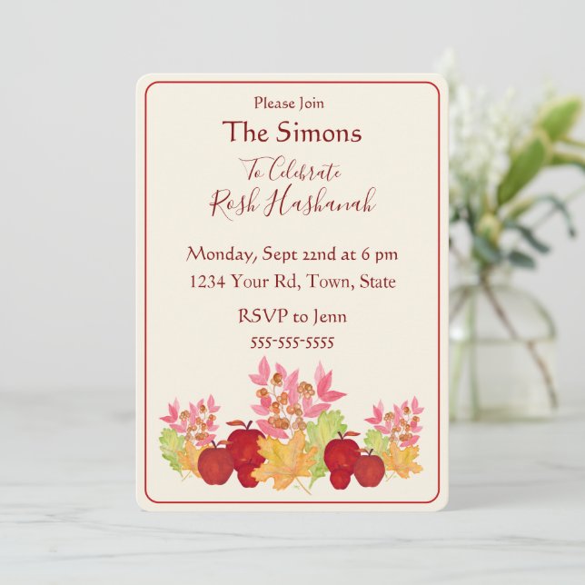 Convites Folhas de Aquarela Pintadas à Mão Maçãs Rosh Hasha (Em pé/Frente)