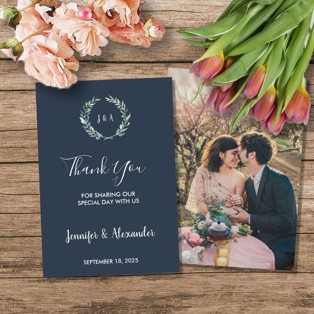 Convites Folhas de aquarela russa Obrigado casamento da fot (Rustic watercolor leaves Thank you photo country wedding card.)